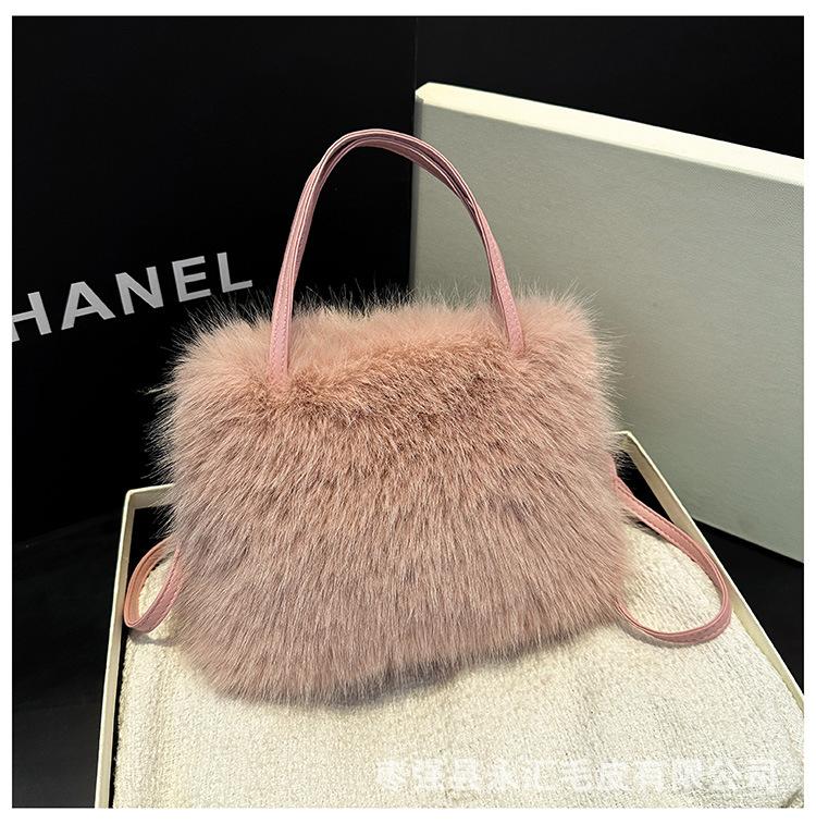 High texture versatile plush oblique span small square bag imitation fox hair high-end women's bag light luxury niche handbag