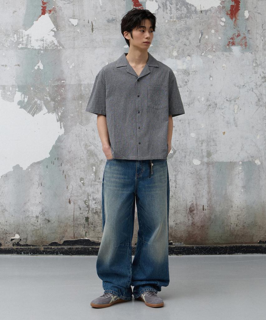 AGOD Open Collar Check Half Shirt [Black]
