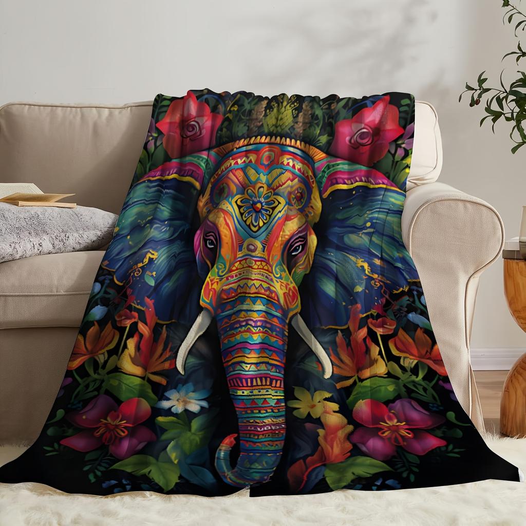 Elephants and colorful retro patterns Flannel printed blanket suitable for all seasons for living room office sofa and travel