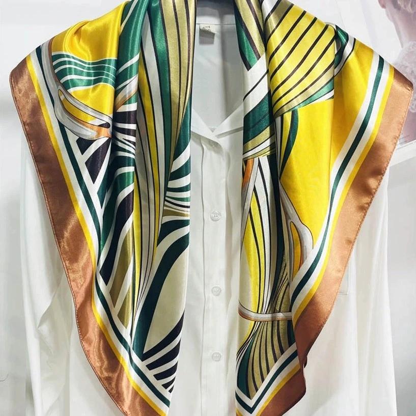 90*90cm Women Geometric Stripes Printed Small Square Scarf Foulard Hijabs For Tourist