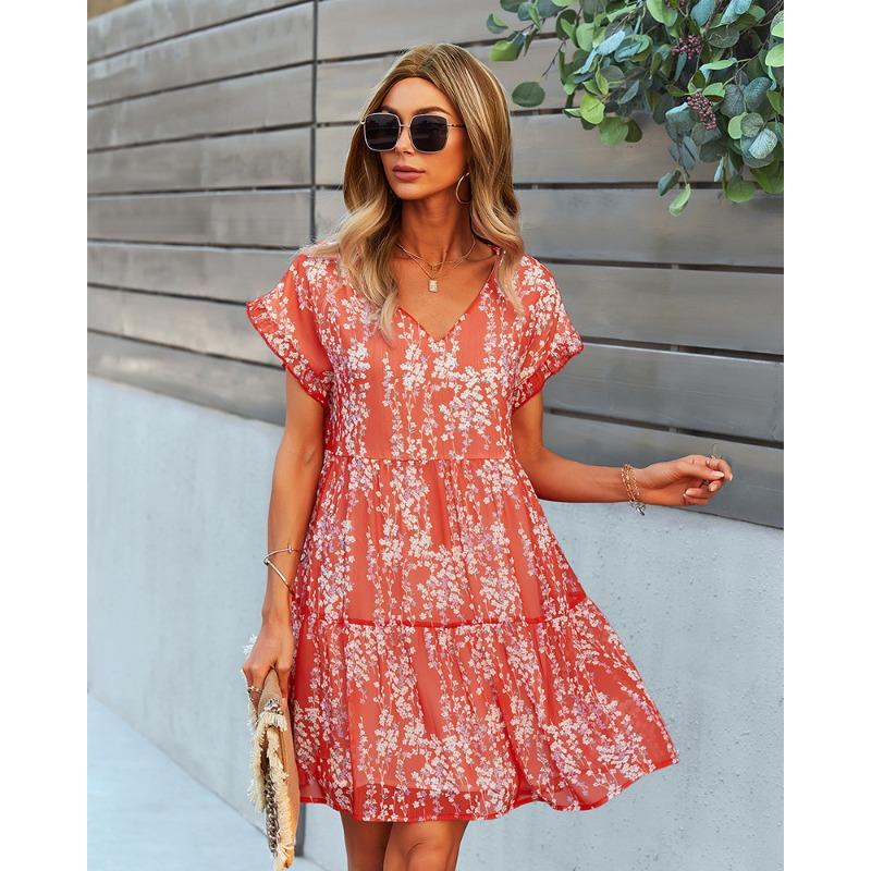 Women's Fashion Summer Spring Flower Pattern Print Short Sleeve V-Neck Loose Waistline Casual Dresses