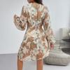 Autumn and Winter Women's Casual Print Waist Long Sleeve Dress