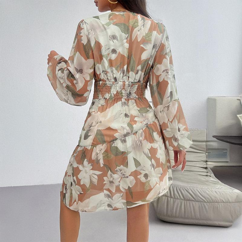 Autumn and Winter Women's Casual Print Waist Long Sleeve Dress