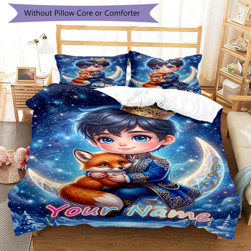 3PC Custom Name "Royal Fox Adventure Night" Bedding Set Duvet Cover Closure Includes 1 Duvet Cover & 2 Pillowcases for Bedroom