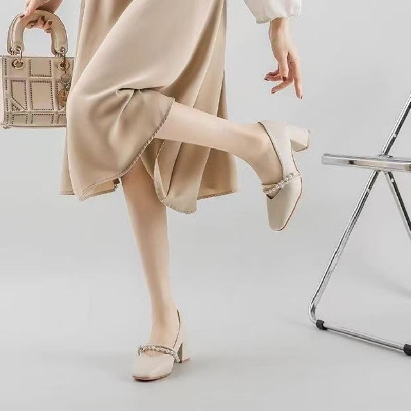 Autumn High Temperament New Mary Jane Shoes Pearl Square Head High Heels Women's Thick Heel Single Shoes