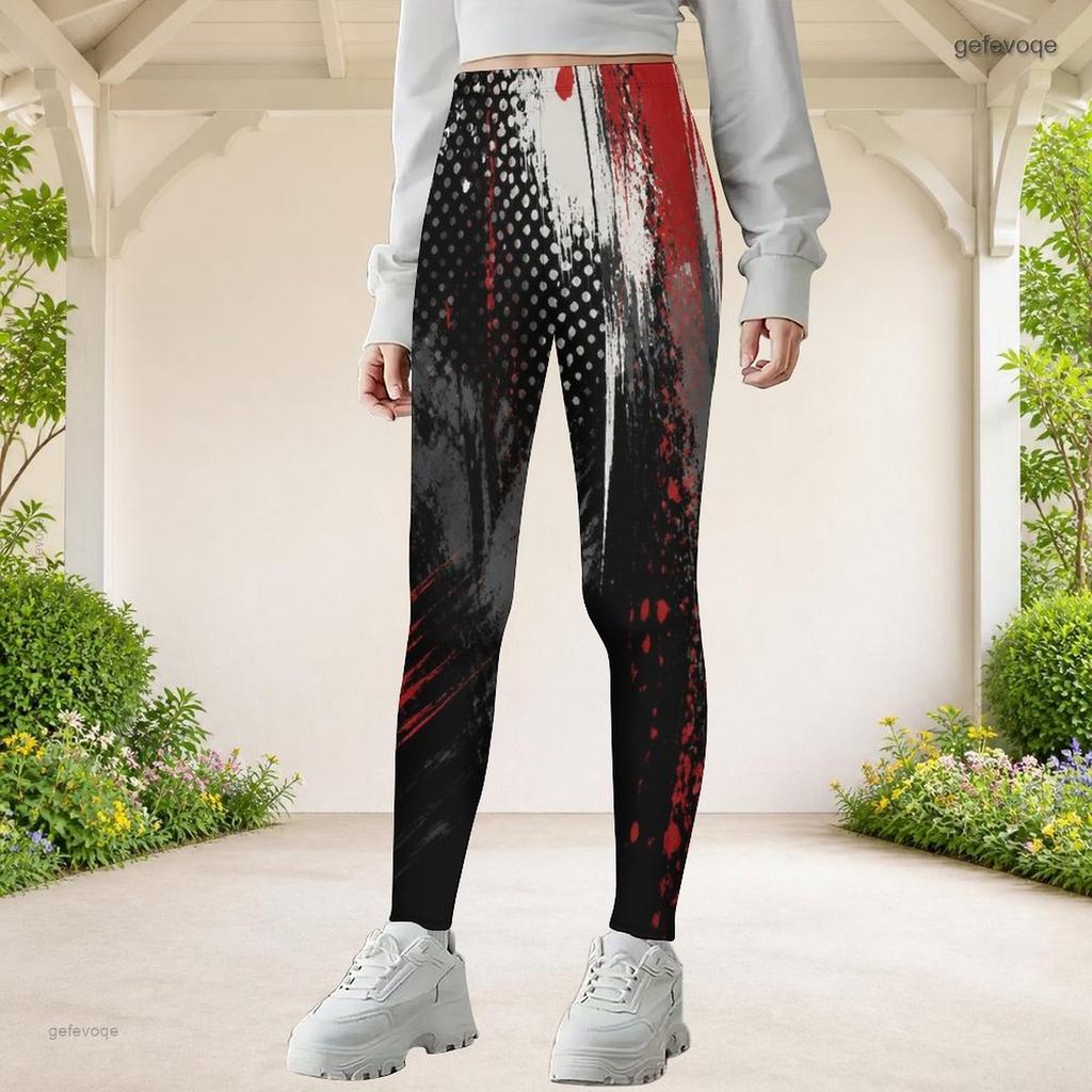 Girls Printed Full Length Fitted Yoga Leggings Black Red White Stretch Waist Pants
