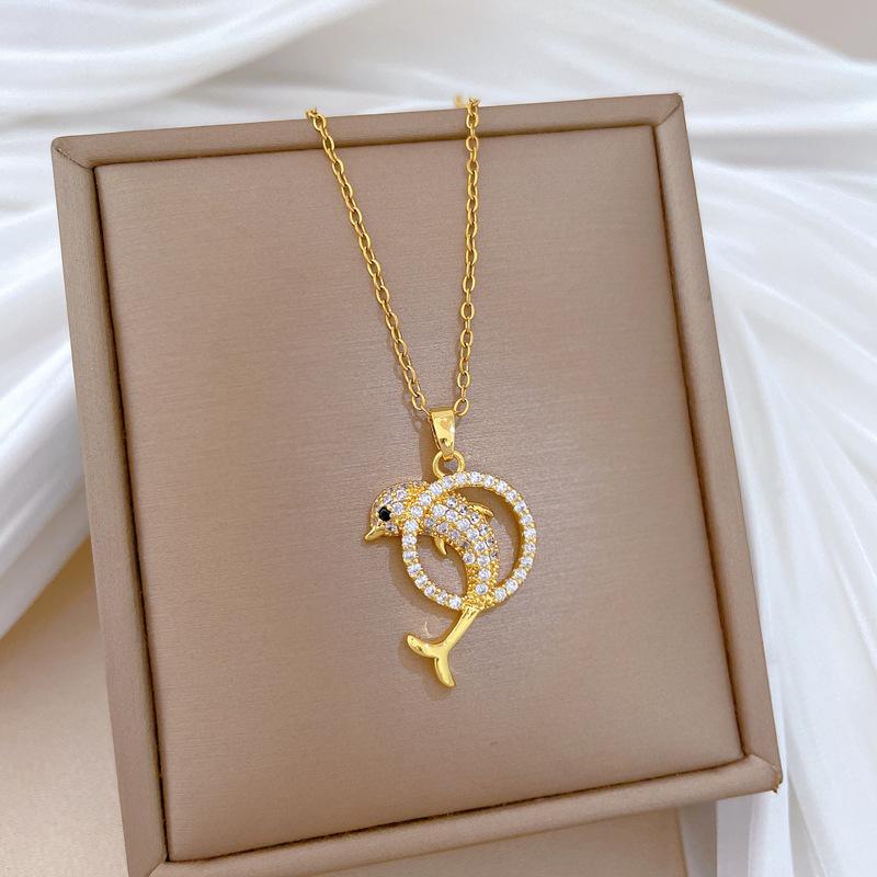 Titanium Steel, Dolphin Leap Ring Light Luxury Temperament Gorgeous Full Diamond Necklace Female Versatile Collarbone Chain Titanium Steel Chain