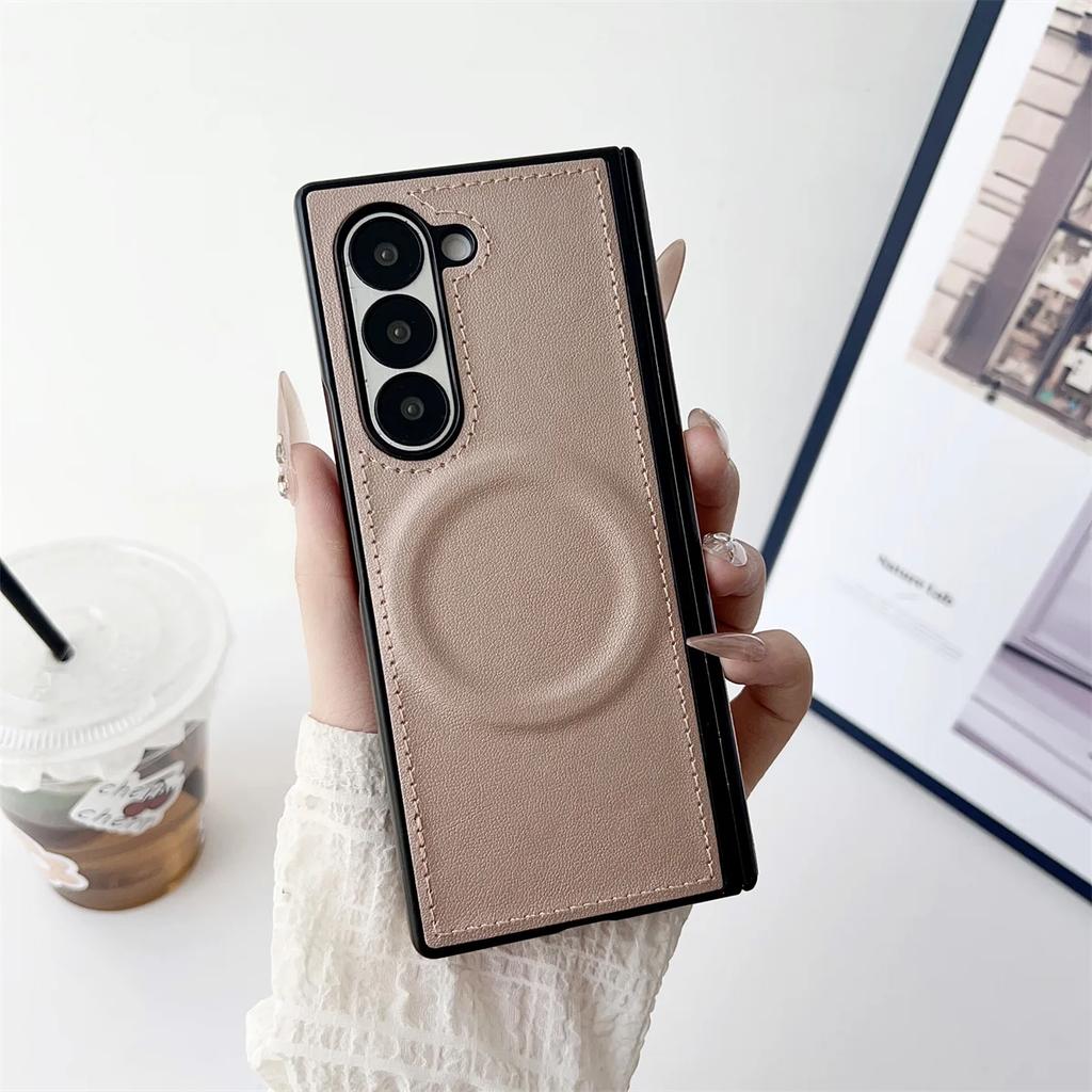 Magnetic Leather Phone Case for Samsung Galaxy Z Fold 7 6 5 4 3 Fold7 Fold6 Fold5 5G with Magsafe Protective Cover for Hinges