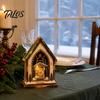 Christmas Tree Wooden Figurines Tabletop Decor with Warm LED Lights, 2D Printed Snow Village Scene Decorative Church And Sleigh Sets Santa Reindeer