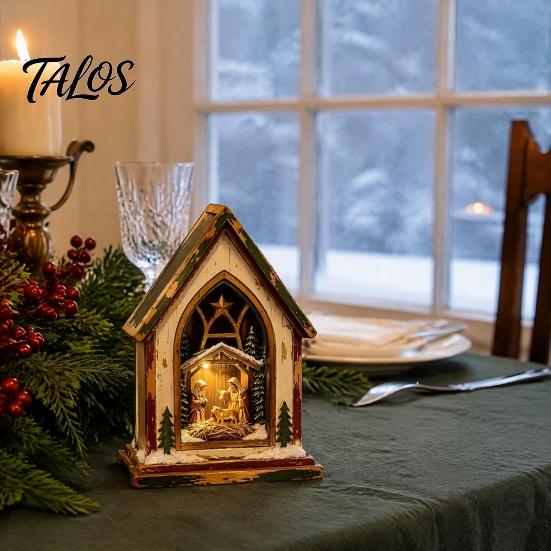 Christmas Tree Wooden Figurines Tabletop Decor with Warm LED Lights, 2D Printed Snow Village Scene Decorative Church And Sleigh Sets Santa Reindeer
