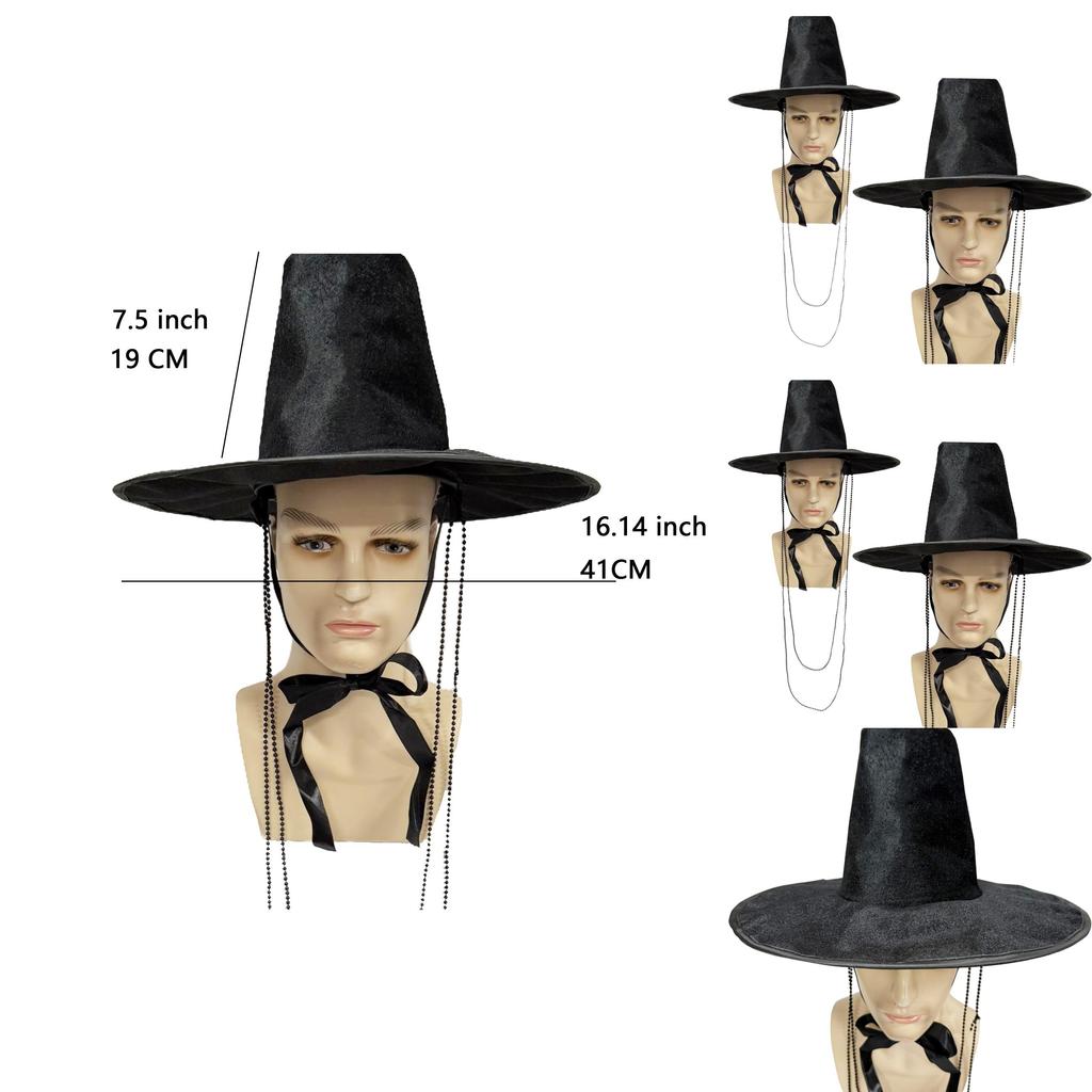 Traditional Korean Style Flat Top Hat With Pearl Chain For Cultural Performances And Themed Parties