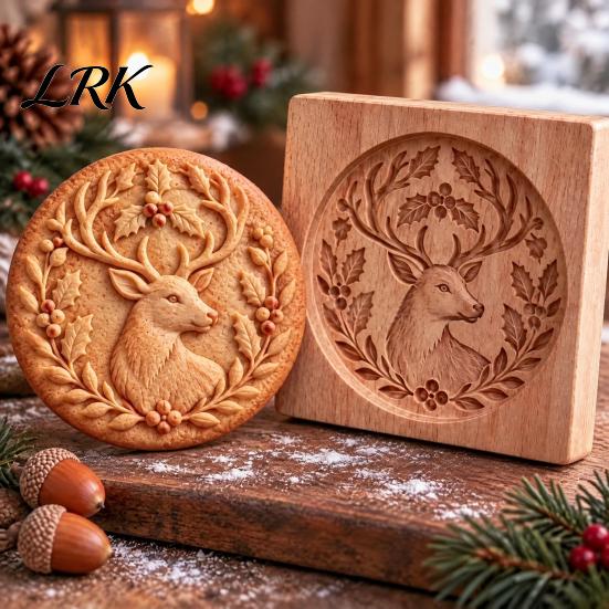 Three Dimensional Relief Mold Woodland Animal Cookie Mold, Wooden Biscuit Stamps, Scene 3D Red Pancake Texture Tool Bird Elk Dachshund Cutter