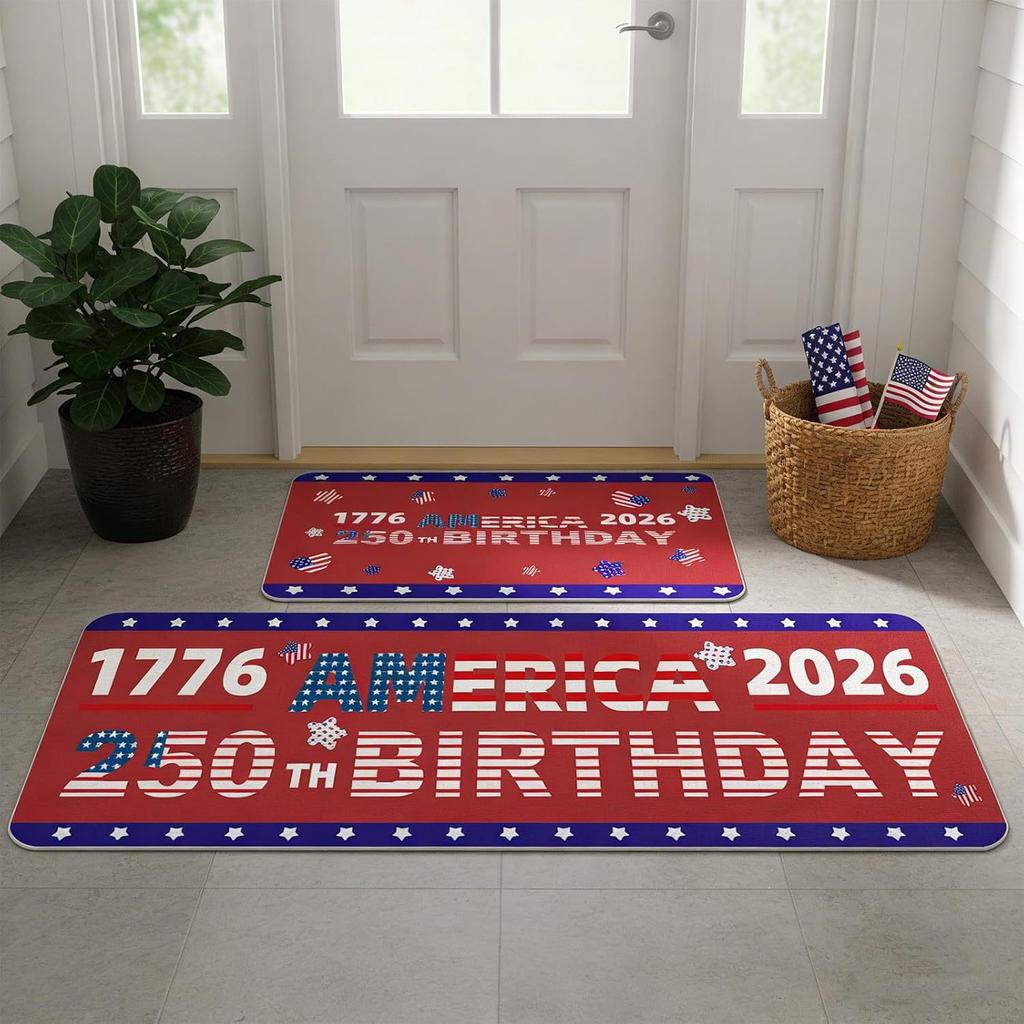 2PC American Patriotic Stars Stripes Kitchen Floor Mat Non Slip Oil Proof Runner Rug Living Room Entryway Decor