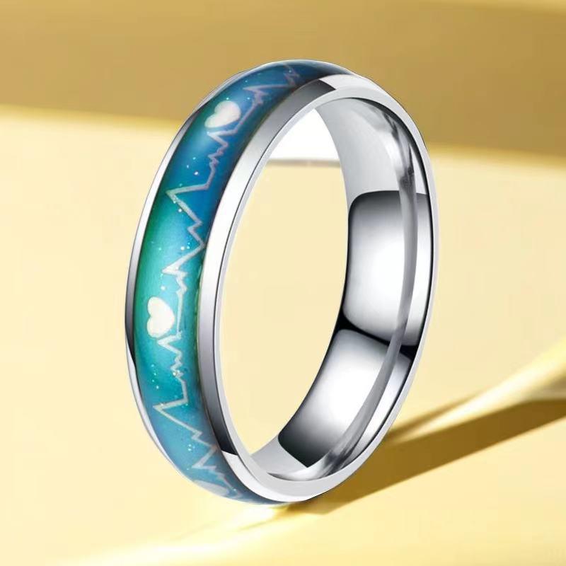 

Мужское кольцо настроения из титановой стали: Чувствительность к температуре, изменение цвета, дизайн электрокардиограммы, отсутствие выцветания. Size 10