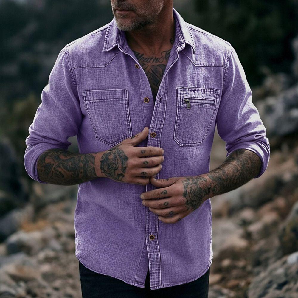 

Мужская винтажная стираная джинсовая рубашка с длинным рукавом на пуговицах, повседневная рабочая рубашка с карманом на молнии 2XL фиолетовый