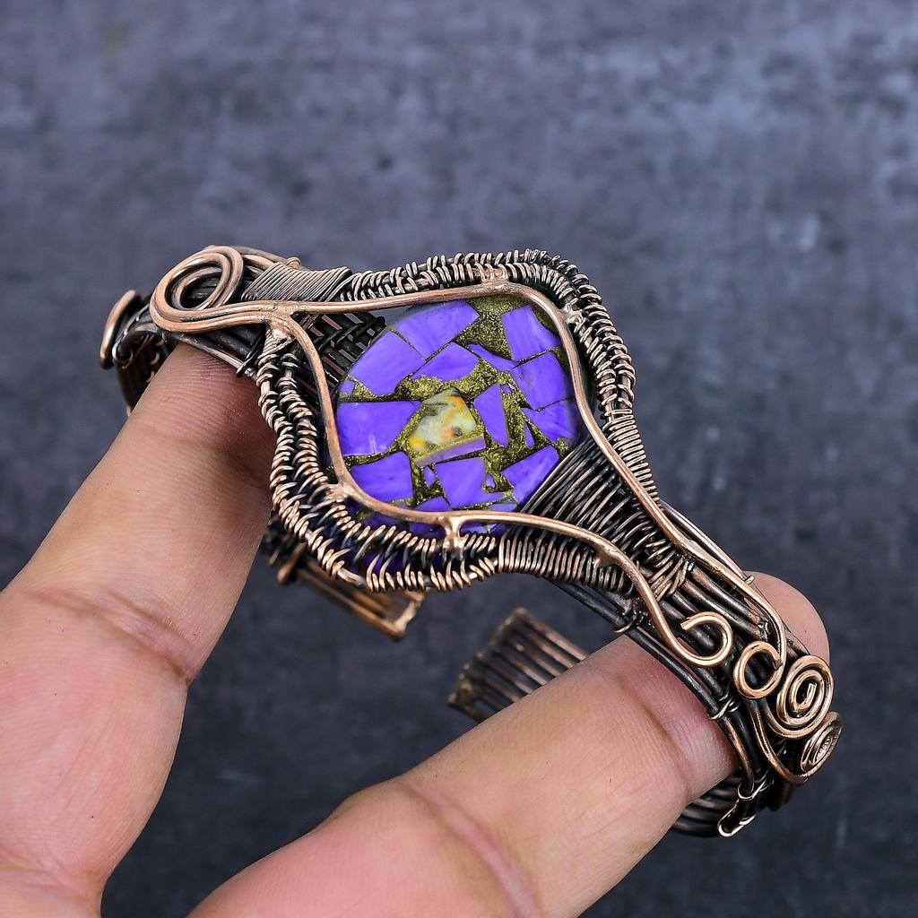 Copper Purple Turquoise Handmade Copper Wire Wrap Cuff Bangle Adjustable G5q01