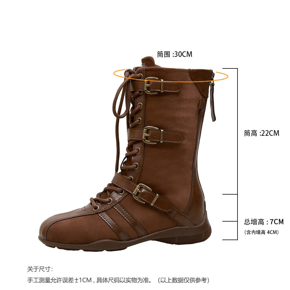 Cowhide version~ retro inner height increase 7cm boxing boots women's lace-up splicing belt buckle casual short boots Martin boots