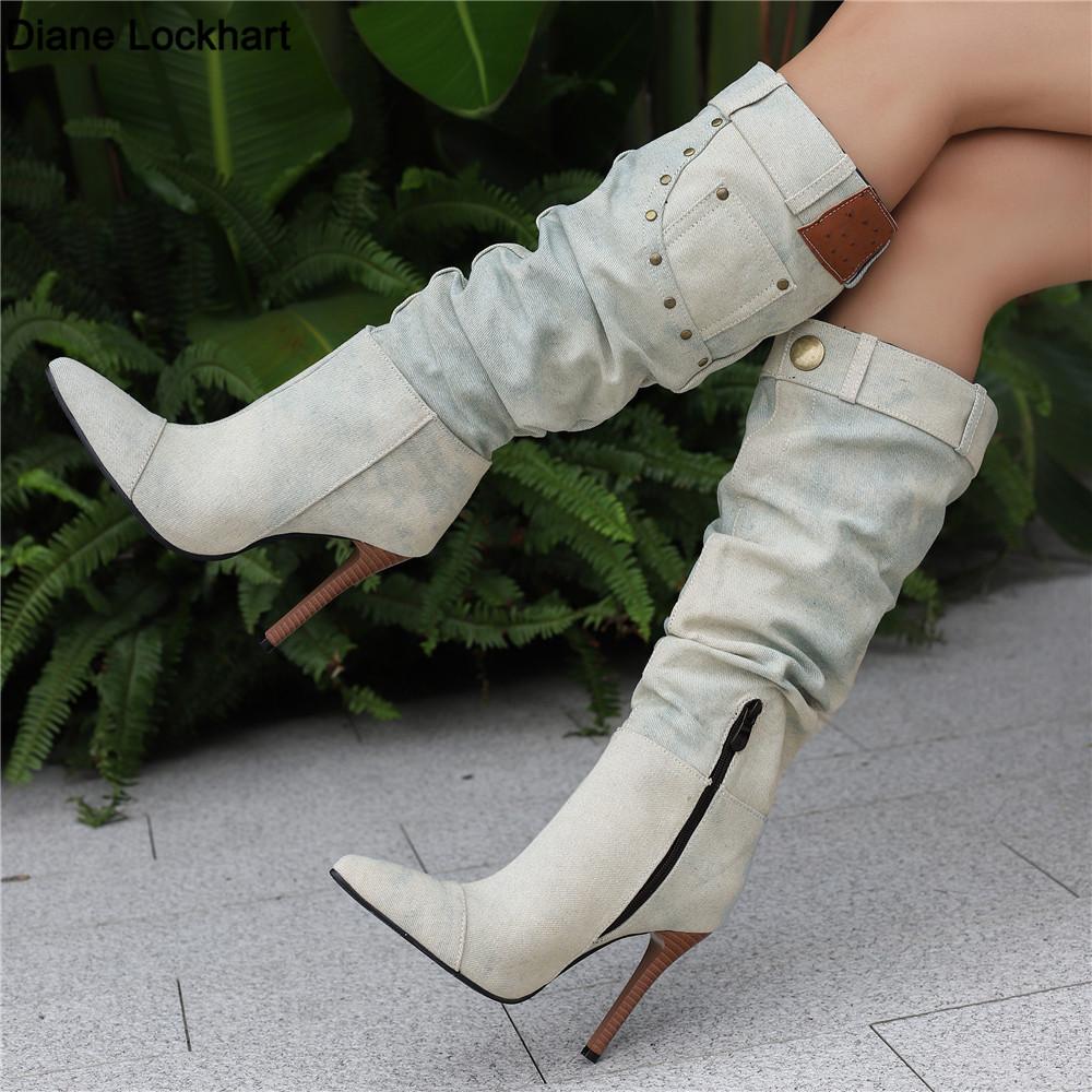 Fashion Women's Autumn and Winter New Pleated High-heeled Short Boots Pointed Zip Knee-length Boots Women's 34-50 Large Mid Length Boots