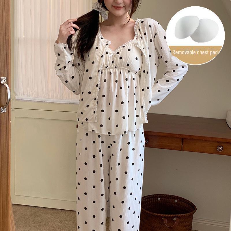 Women's Cross-Border Pajama Set: Spring/Autumn Polka Dot Cardigan & Suspender with Chest Pads, Korean Style, Pure Desire, 3-Piece Home Wear.