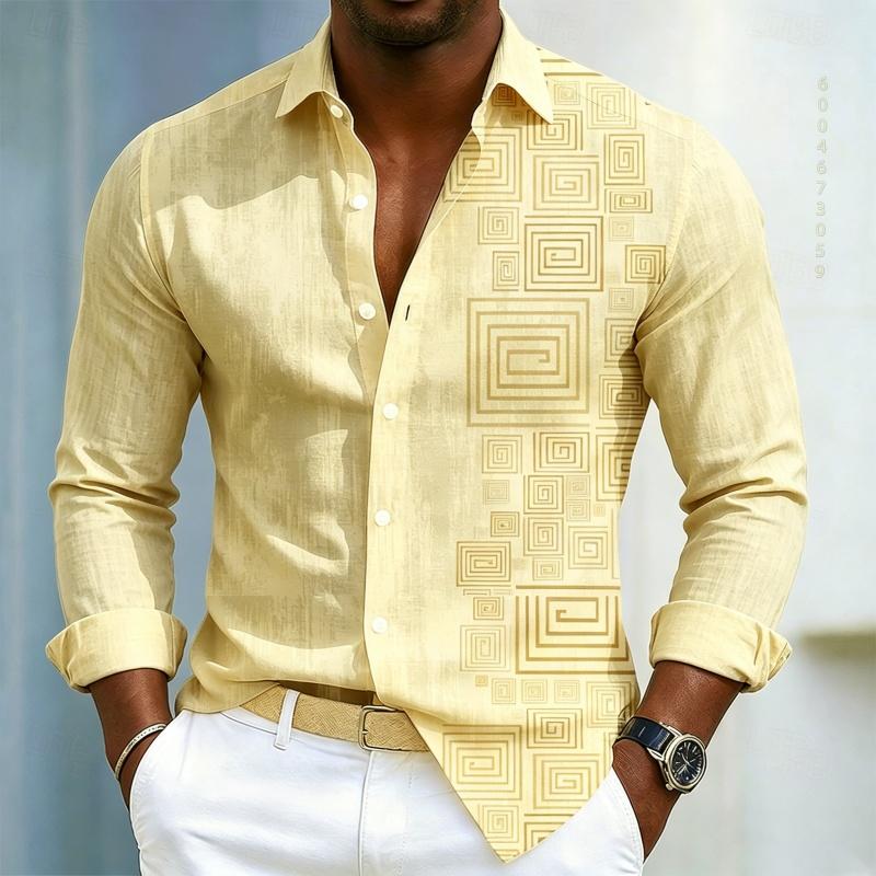 Herrenhemd mit geometrischem Musterdruck, Langarmhemd für Herren, Schwarzes Slim Fit Hemd, Modisches Design, Herrenbekleidung