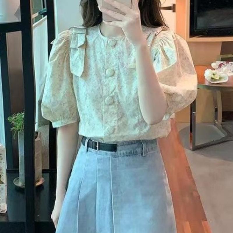 Ladies' Floral Shirt Women's Puff Sleeve Design Round Neck Blouses Summer New Female Korean Version Versatile Loose Top