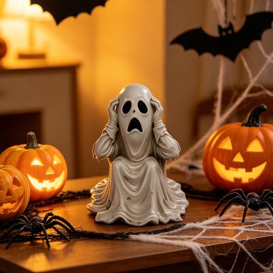 Yousheng Halloween Ghost Figurine, Scary Face Ghost Statue, Resin Spooky White Ghost Decoration for Indoor Home, Office, Desk
