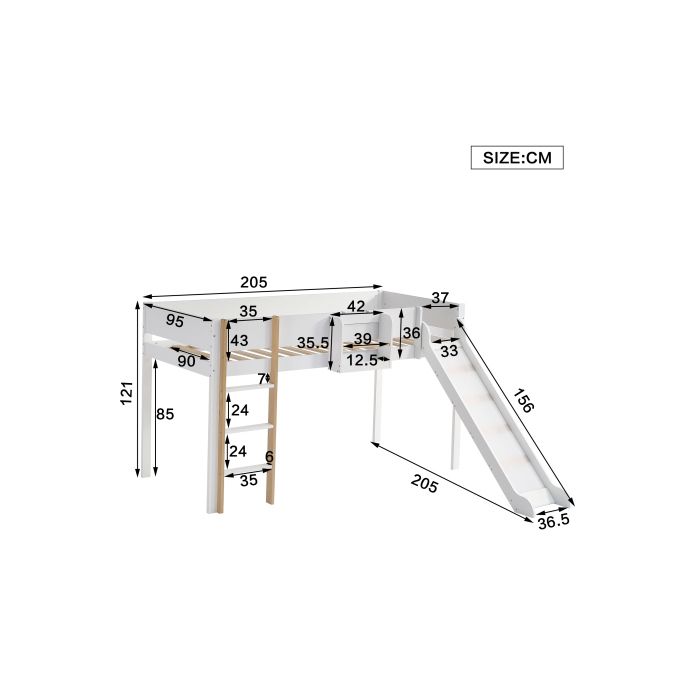Patrová postel - MUVOE - 90x200 cm - Rovný žebřík - Skluzavka - Masivní dřevo