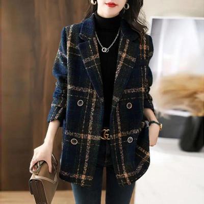 Retro karierter Wollmantel für Damen Mittellang Revers Lässige Jacke