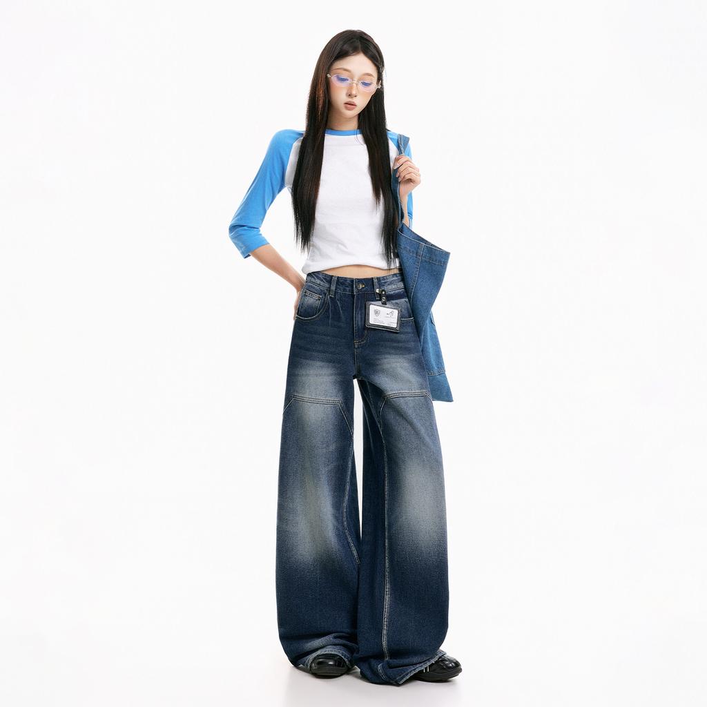 American retro jeans women's autumn new high waist and thin washed old design wide leg trousers