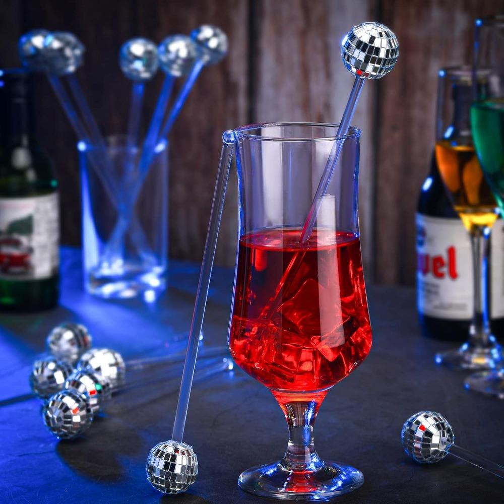 12 Stück Disco-Kugeln Cocktail-Rührstäbe Kunststoff Runder Kopf Swizzle Sticks Cake Pops Spiegelkugel Kaffee Getränke Rührstäbe für 1970er Party Hausbar Kaffee