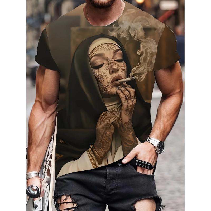 Men's with Smoking Nun 3D Graphic T-Shirt Black Casual Summer