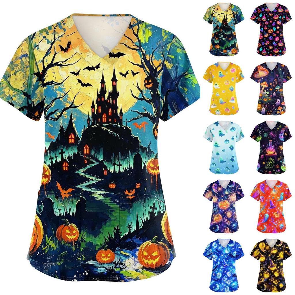 Women's V Neck Short Sleeve Work Top with Pockets Halloween Print Nurse Uniform Scrub Shirt for Healthcare Professionals