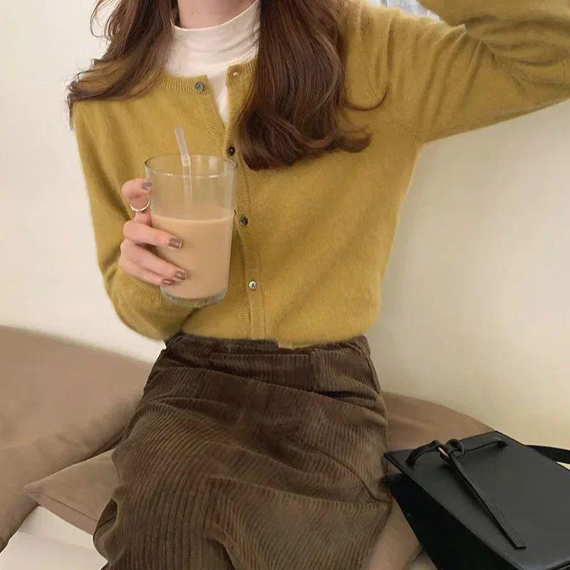 Long Sleeve Vintage Y2k Korean Knitted Cardigan Women's Autumn Winter Fashion O-Neck Versatile Slimming Basis Sweater