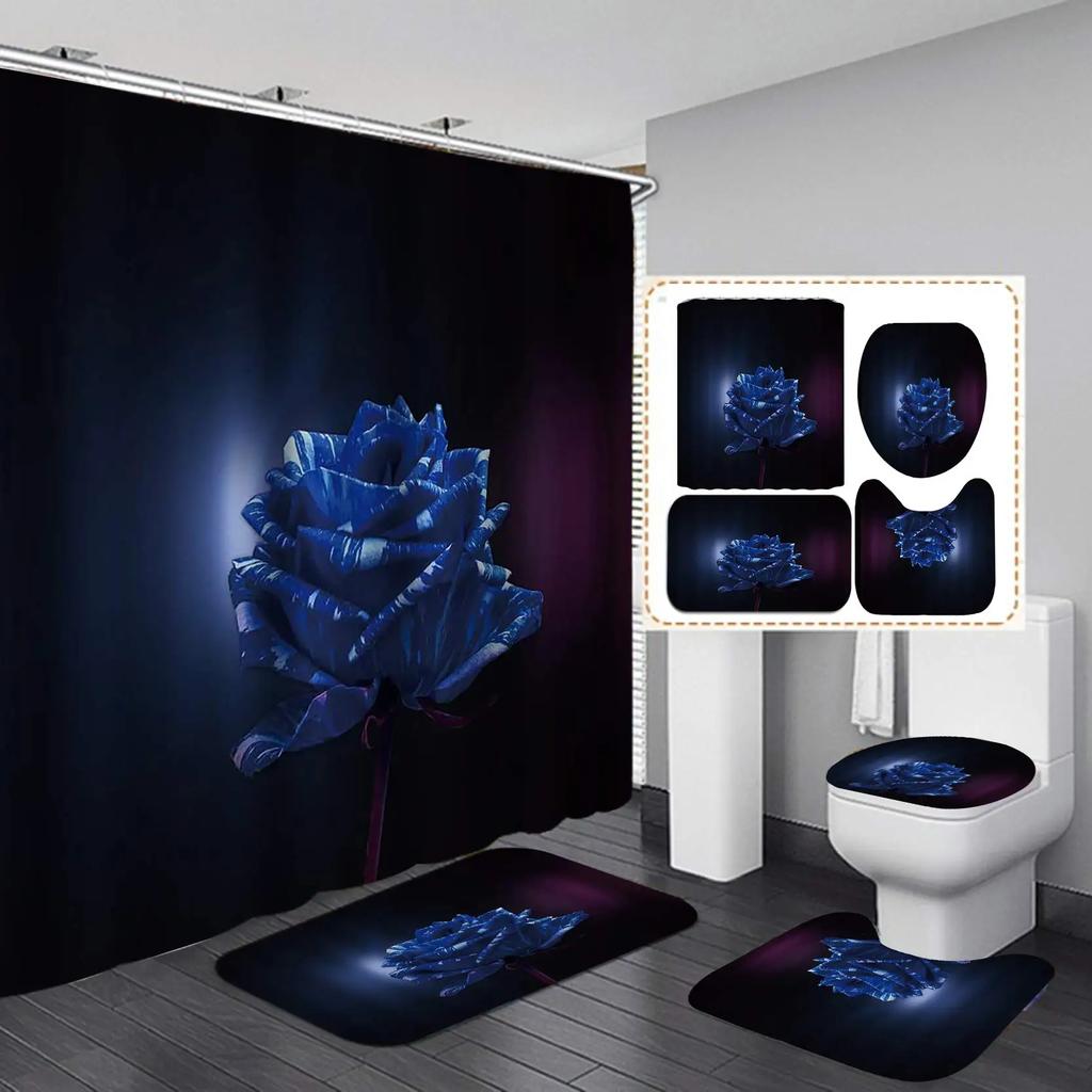 Blue Rose Flowers Waterproof Bathroom Shower Curtain Set Polyester Toilet Seat Cover Bath Nonslip Mat Rug Carpet Home Decor