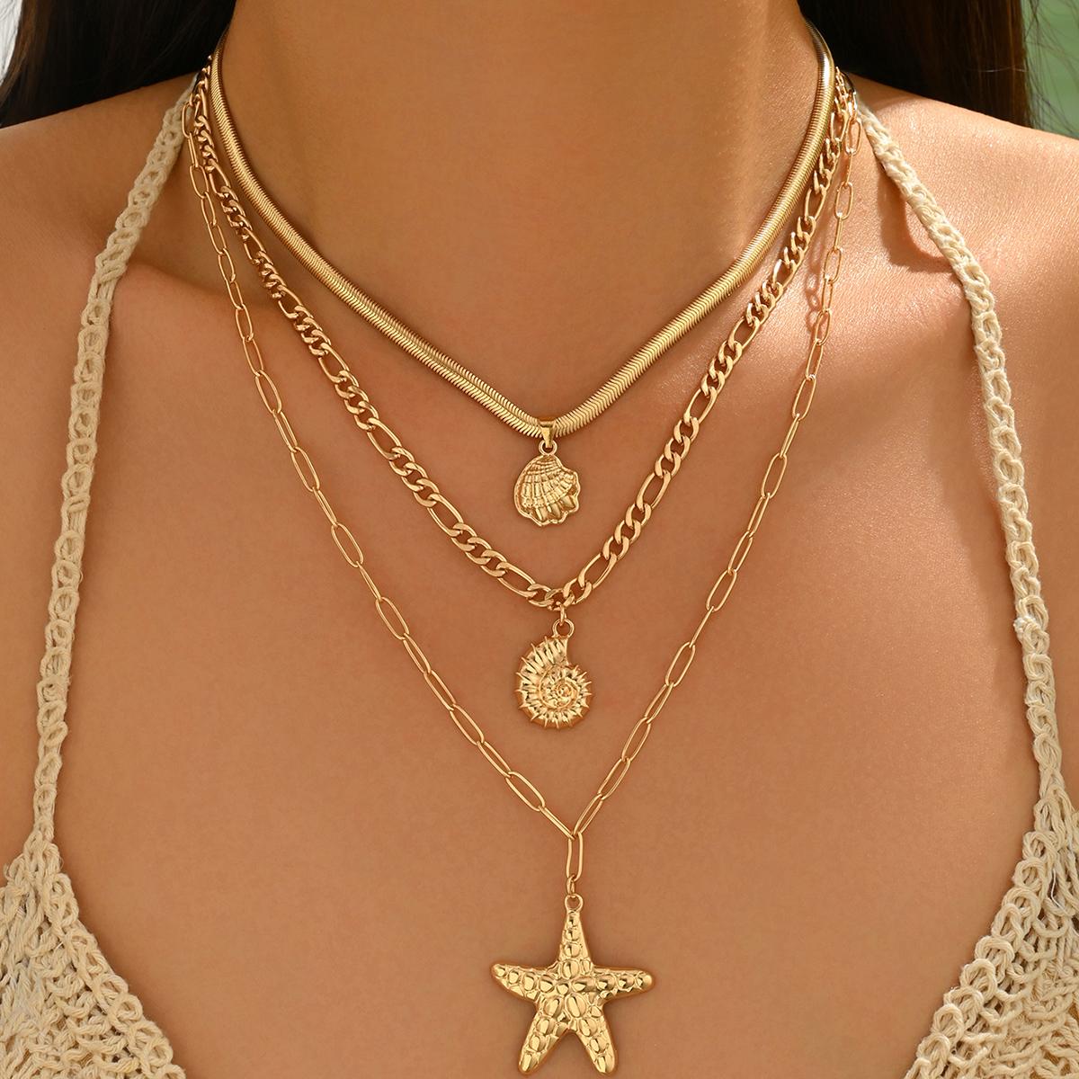 3PCS Layered Gold Chunky Chain Necklace Starfish Shell Conch Pendant Boho Summer Beach Vacation Jewelry
