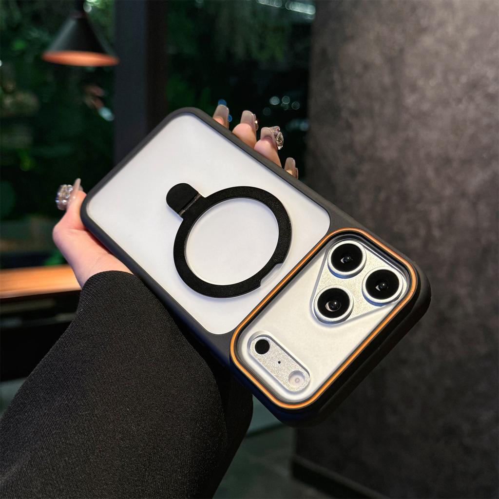 Luxury Metal Magnetic Bracket Case For IPhone 17 16 15 14 13 Pro Max PLus For Magsafe Wireless Charging TPU Soft Frame Cover
