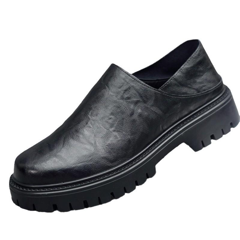 Autumn and Winter Popular Leather Casual Leather Shoes with One Foot, Soft-sided Doudou Shoes, Heightened Platform Shoes, Non-slip Big Head Leath