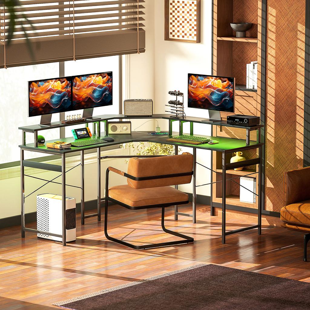 L Shaped Work Desk With LED Lights Black