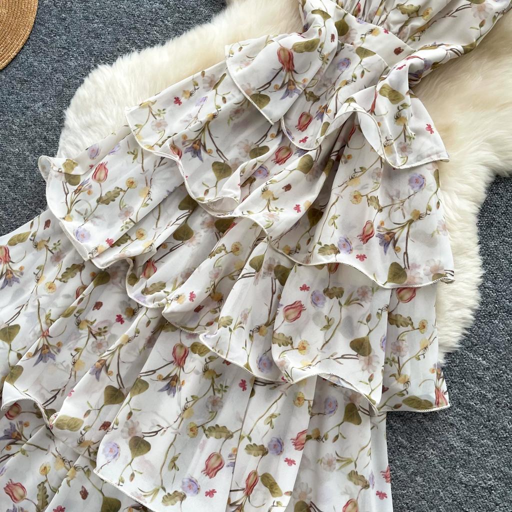 Summer Vacation Floral Printed Halter Chiffon Tiered Maxi Dress for Women Sexy V-Neck Backless Lace-up Ruffles Holiday Long Dress