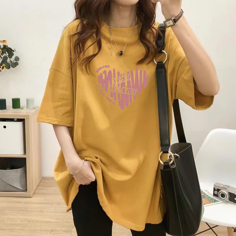 Plus Size Cotton T-Shirt - Women's Summer Short Sleeve Pink Heart Mid-Length Loose European Style
