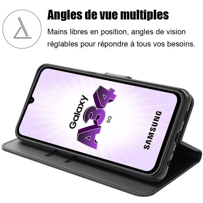 Coque pour Samsung Galaxy A34 5G Protection Rabat Effet Cuir Anti-Rayures Noir