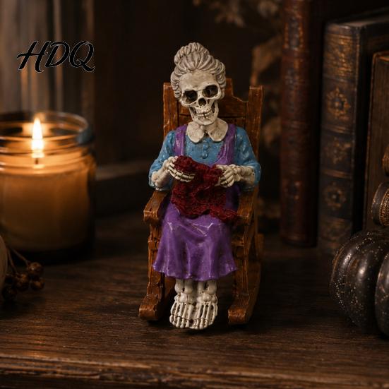 Vintage Style Skeleton Decor Halloween Figurine Resin Sitting On Rocking Chair Statue Drinking Funny Dark Holiday Figurines Coffee Crocheting