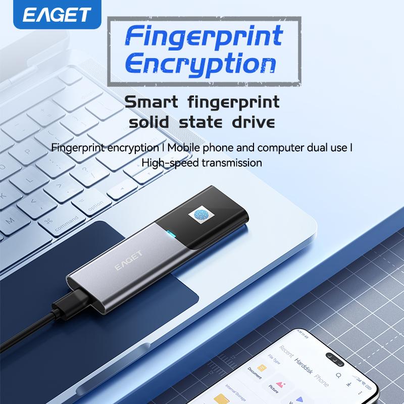 EAGET Fingerprint encryption External SSD 540MB/s Portable SSD External Solid State Drive USB 3.2 Gen2 Type-C SSD Compatible for PC, Laptops
