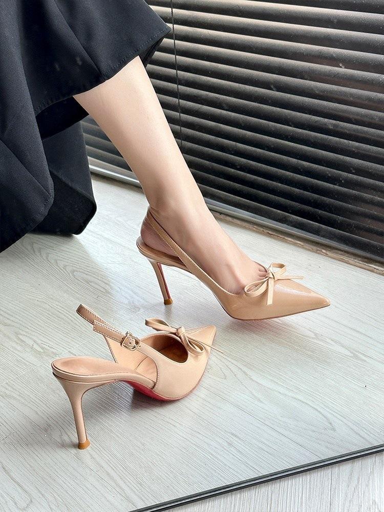 Красивые нюдовые туфли на высоком каблуке женские летние пустые остроносые тонкий каблук с открытым верхом сексуальные одинарные туфли босоножки с бантом