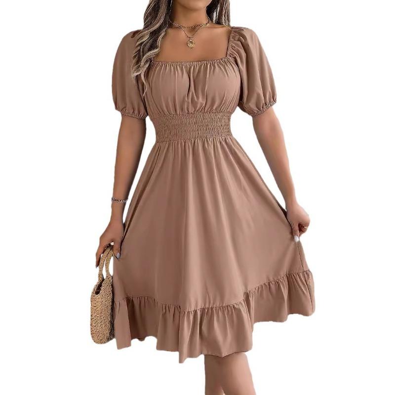 Women's Spring/summer Casual Square Collar Short Sleeve Waist Pinched A-line Dress