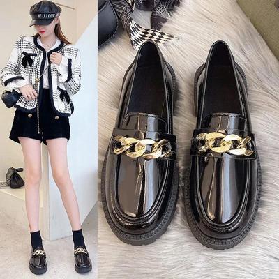 Round Head Chain Shallow Mouth Single Shoes 2025 Patent Leather Retro Casual Platform Fashion Loafers Jk Small Leather Shoes Women's Tide