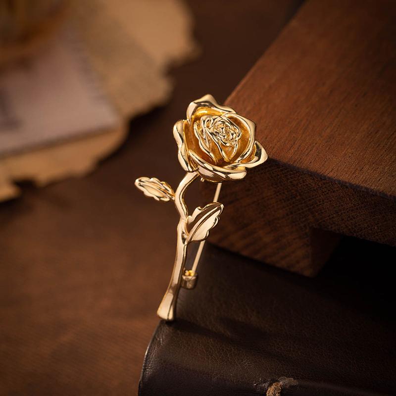 Luxury High-End Gold-Tone Rose Flower Brooch Pin For Women & Men - Elegant Suit Coat Badge Fashion Jewelry Lapel Accessory