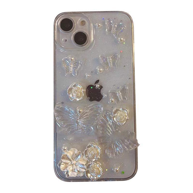 Korean Ins Style Flower Butterfly Mobile Phone Case for IPhone17promax Glue for Apple 16 Transparent Pearl