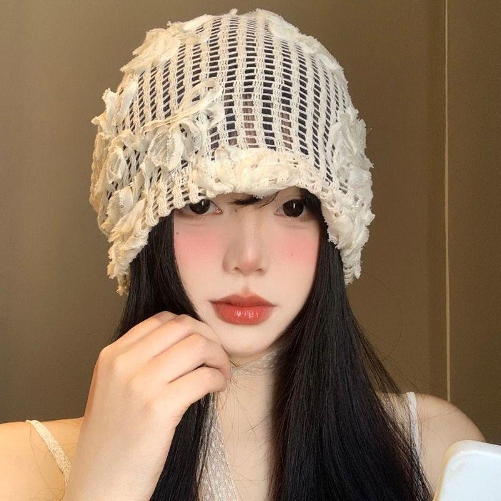 

Breathable Beanies Hat Flower Hollow Skullies Hat Korean Fashion Beret Cap Summer B-White