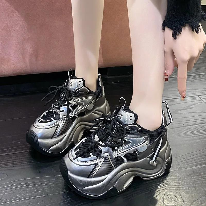 Fashion 7CM Fashion Women's Chunky Sneakers Breathable Platform Sports Shoes Woman Lace Up Thick Bottom Casual Shoes Zapatillas Mujer